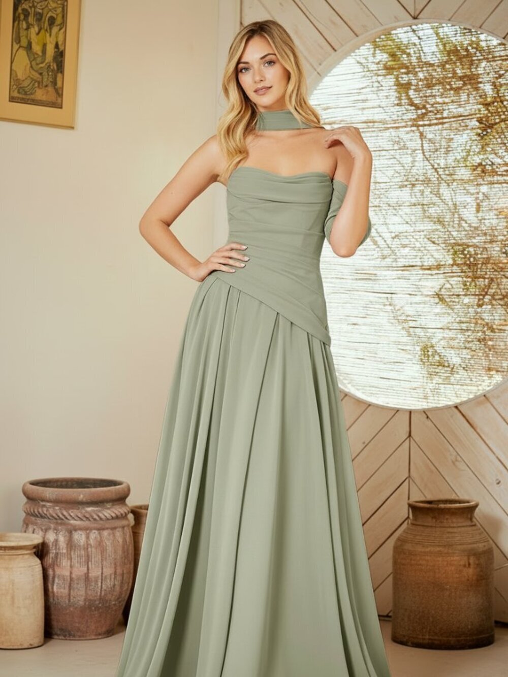New Sage A-Line Strapless Festive Bridesmaid Dress w/ Matching Scarf AC 6133